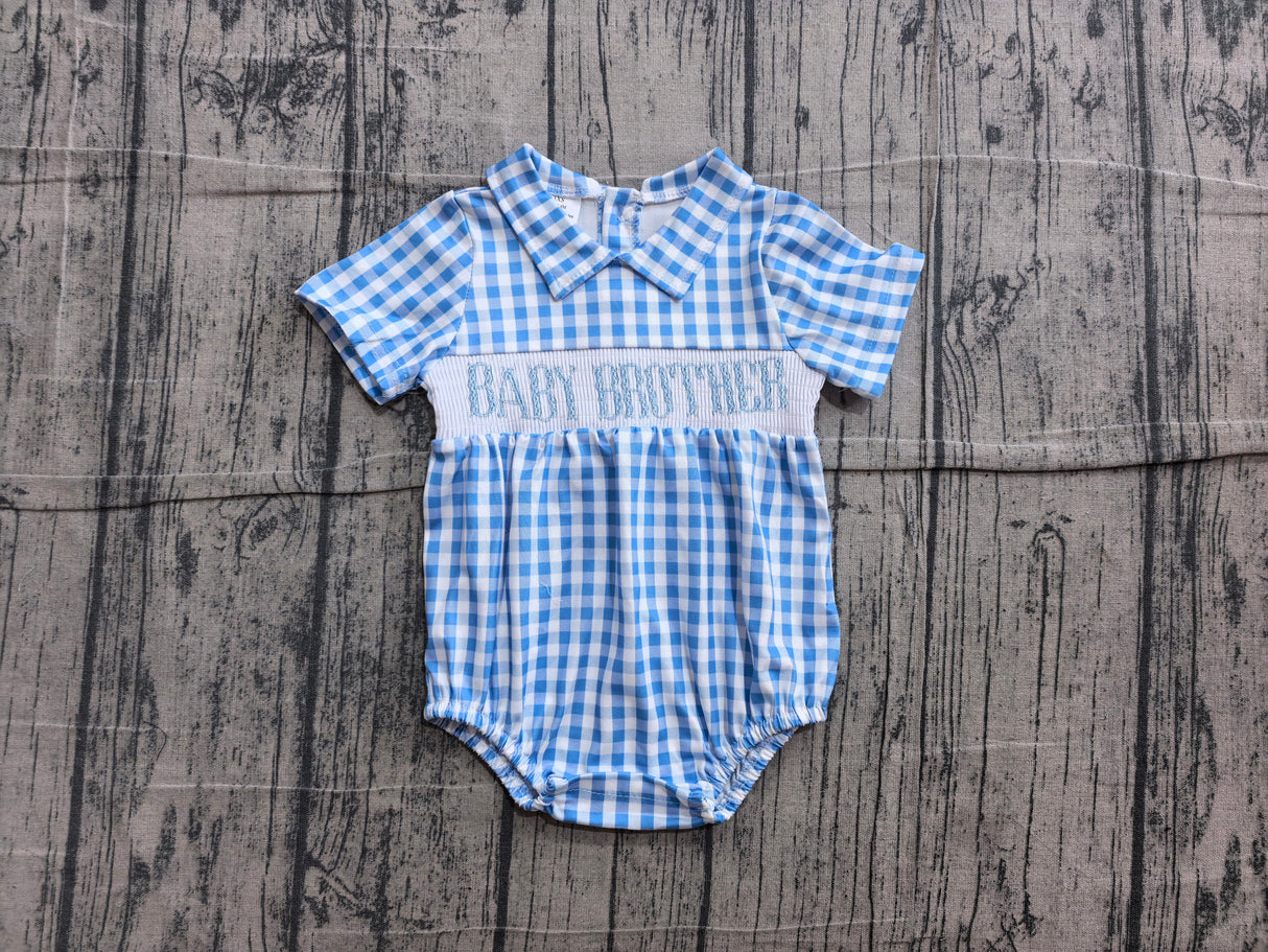 Blue plaid short sleeves baby brother smocked boy romper