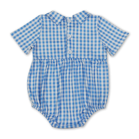 Blue plaid short sleeves baby brother smocked boy romper