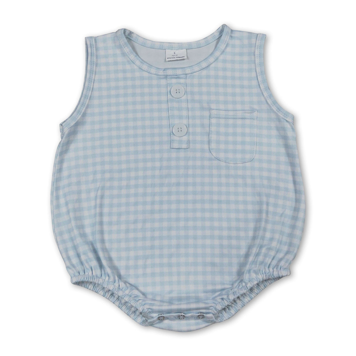 Sleeveless light blue plaid baby boy summer romper