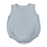 Sleeveless light blue plaid baby boy summer romper