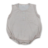 Sleeveless khaki plaid pocket baby boy summer romper