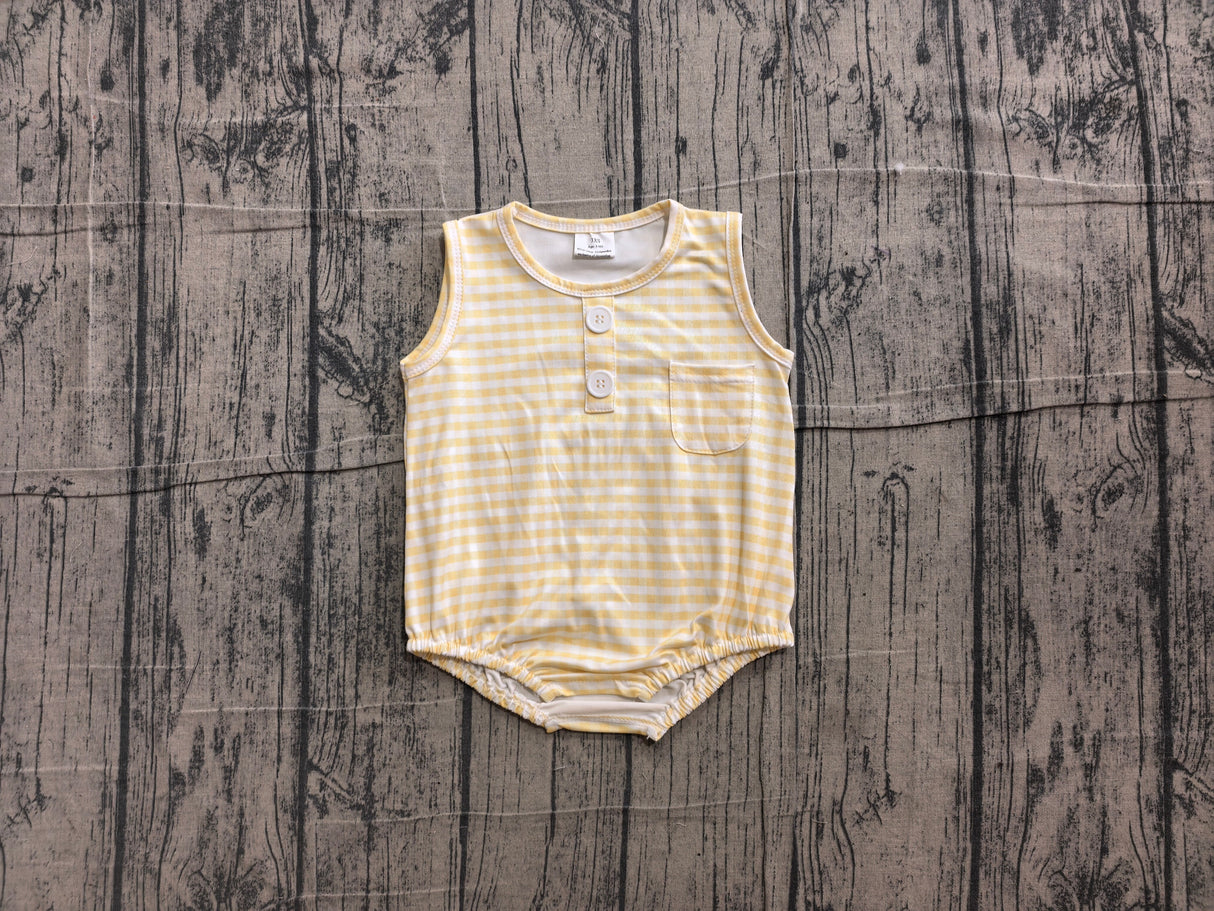 Sleeveless yellow plaid pocket baby boy summer romper