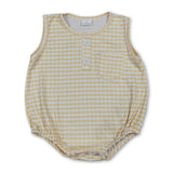 Sleeveless yellow plaid pocket baby boy summer romper
