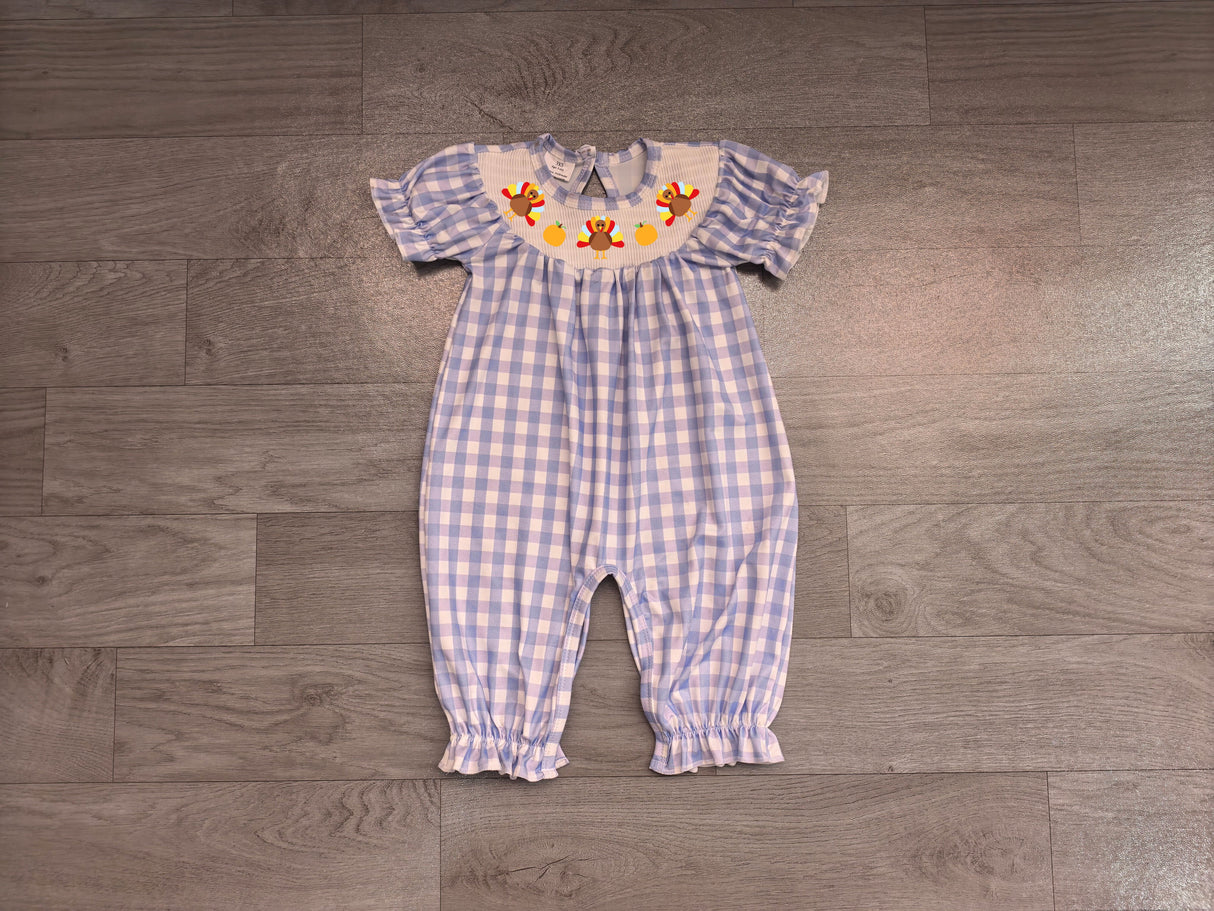 Turkey pumpkin smocked plaid girls Thanksgiving romper