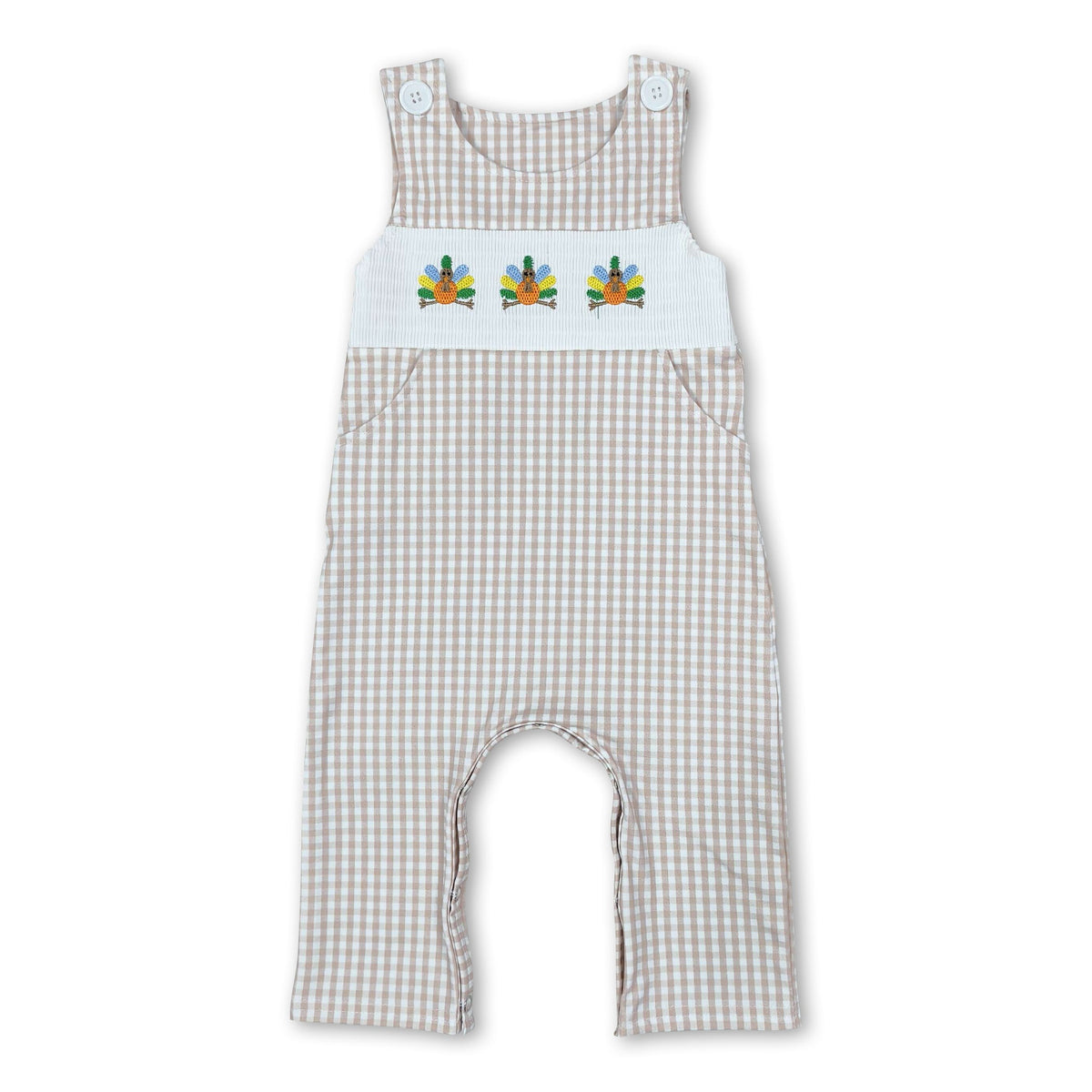 Sleeveless plaid turkey smocked boy Thanksgiving romper