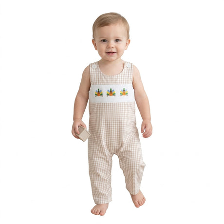 Sleeveless plaid turkey smocked boy Thanksgiving romper