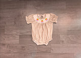 Short sleeves plaid pumpkin smocked girl fall romper