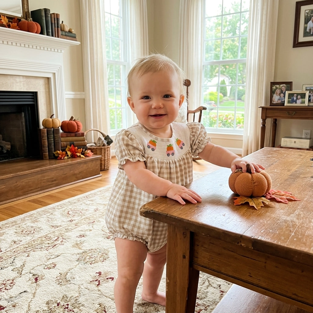 Short sleeves plaid pumpkin smocked girl fall romper