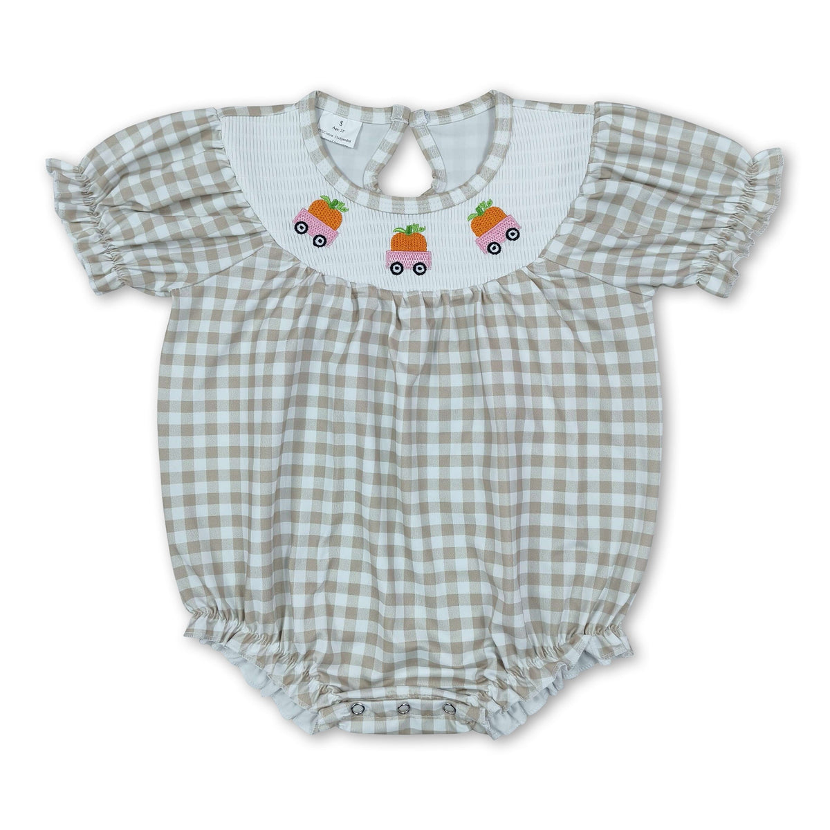 Short sleeves plaid pumpkin smocked girl fall romper