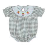 Short sleeves plaid pumpkin smocked girl fall romper