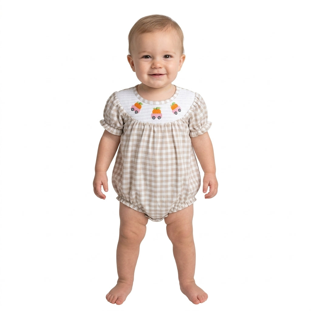 Short sleeves plaid pumpkin smocked girl fall romper