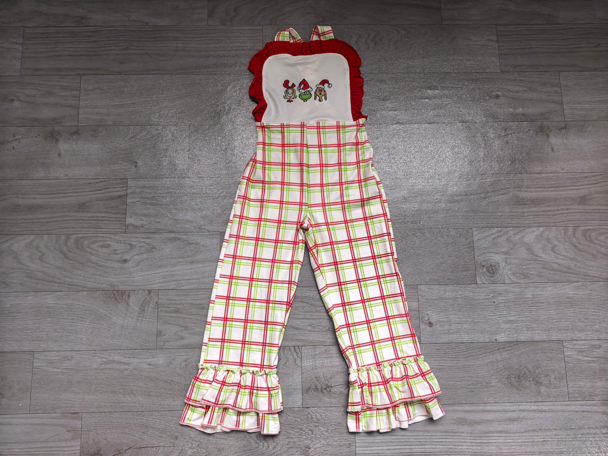 Straps ruffle green face plaid girls Christmas overalls