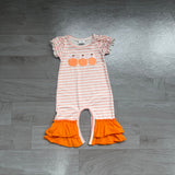 Orange stripe pumpkin bow embroidery girls fall romper