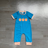 Short sleeves blue pumpkin embroidery boy fall romper
