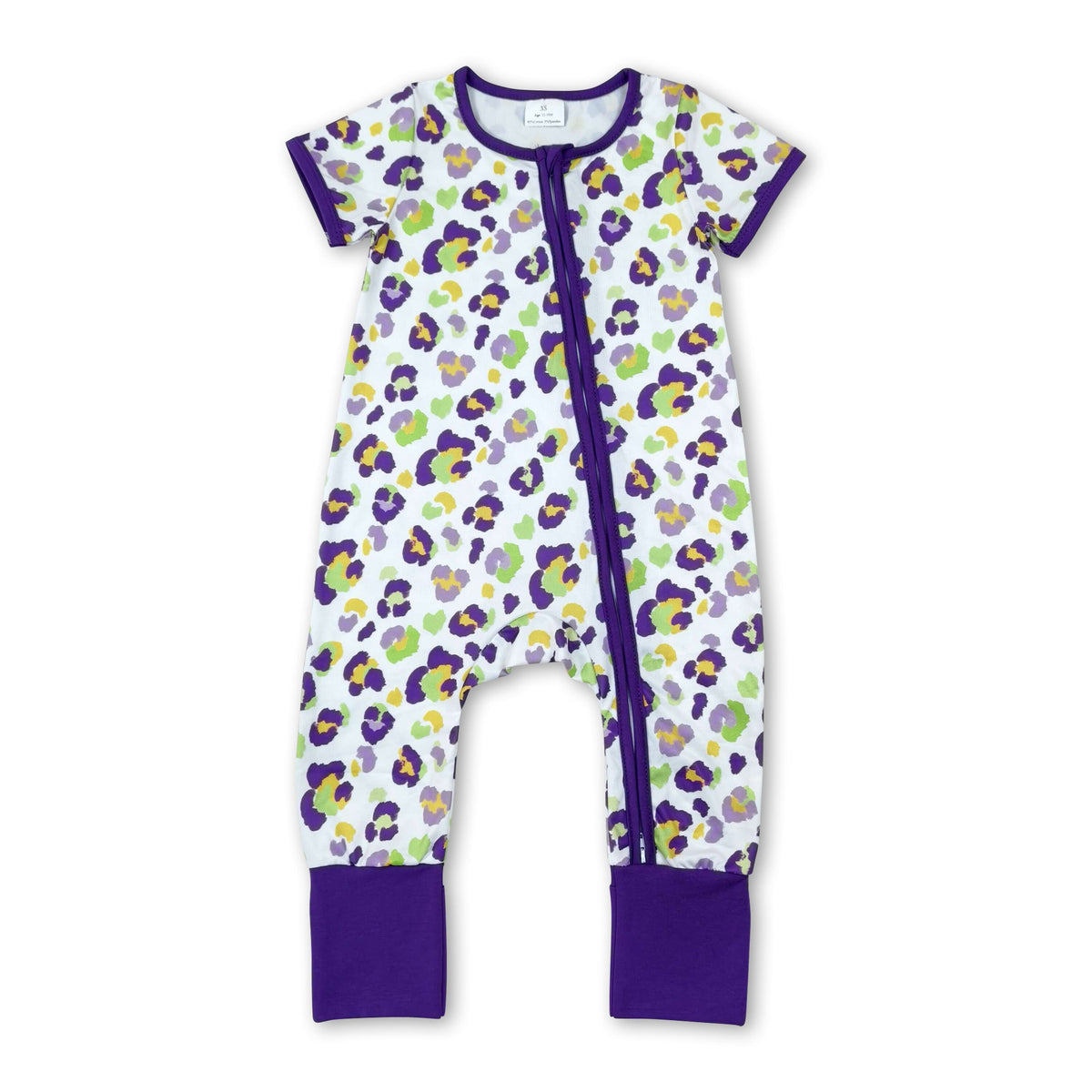 Short sleeves purple leopard girls Mardi Gras zipper romper