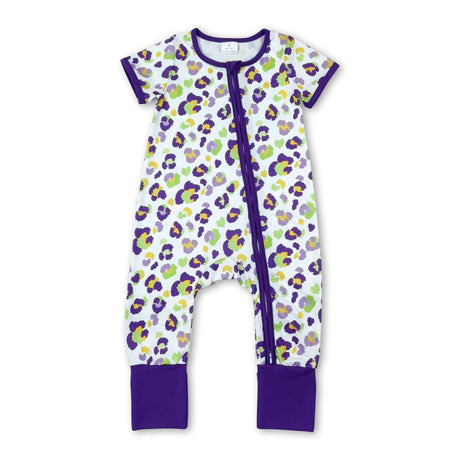 Short sleeves purple leopard girls Mardi Gras zipper romper