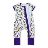 Short sleeves purple leopard girls Mardi Gras zipper romper