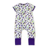 Short sleeves purple leopard girls Mardi Gras zipper romper