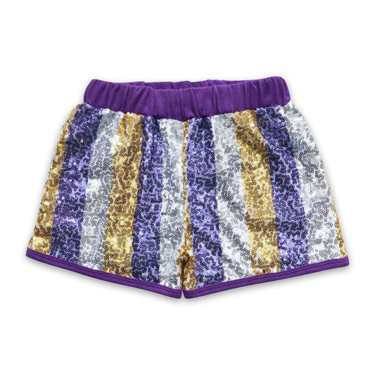 Purple gold white stripe sequin girls Halloween shorts