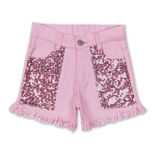 Pink sequin fringe kids girls summer denim shorts