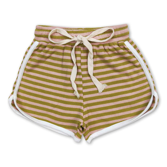 Pink green stripe cotton kids girls summer shorts