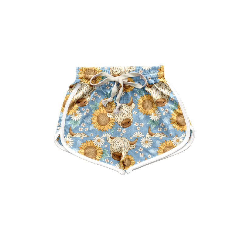 Sunflower highland cow kids girls summer shorts