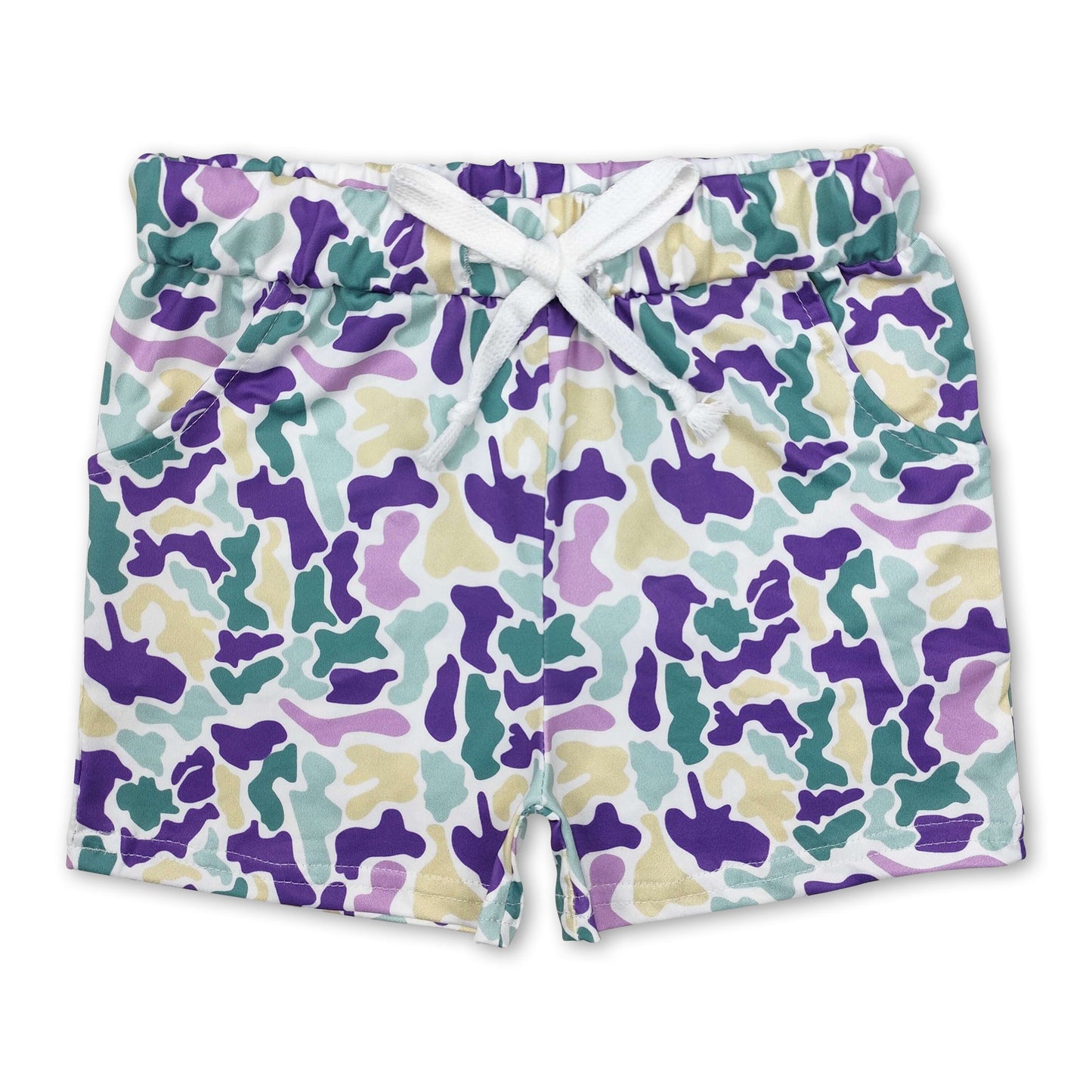 Purple yellow green camo kids boys Mardi Gras shorts