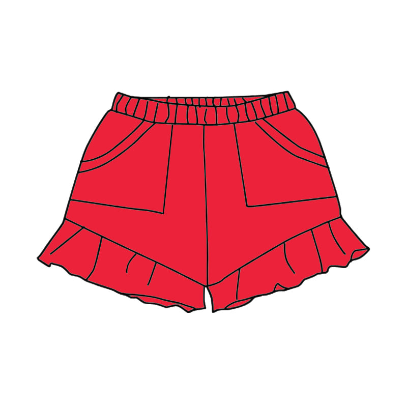 Red ruffle pockets kids girls summer cotton shorts