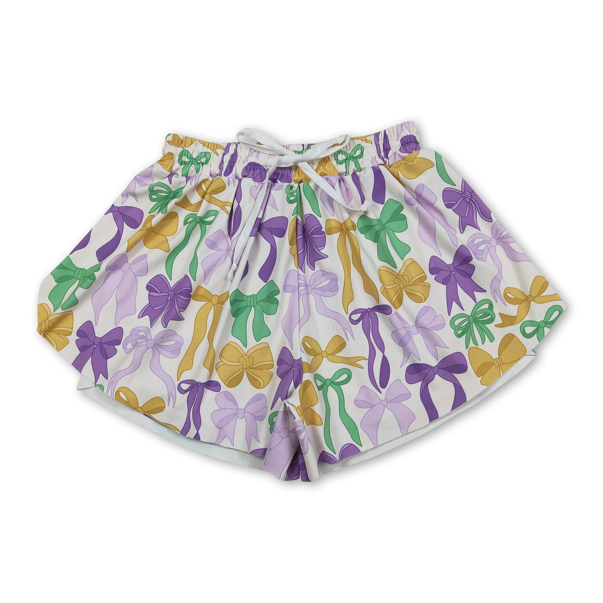 Purple green yellow bows women Mardi Gras active shorts