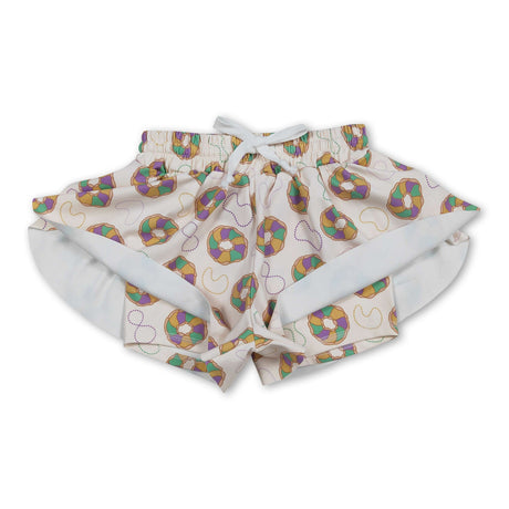 Purple green yellow donut kids girls Mardi Gras active shorts