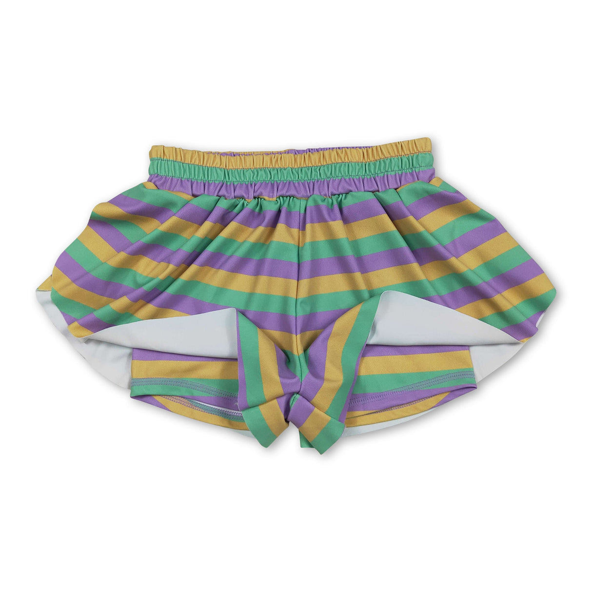 Purple green yellow stripe kids girls Mardi Gras active shorts