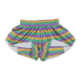 Purple green yellow stripe kids girls Mardi Gras active shorts