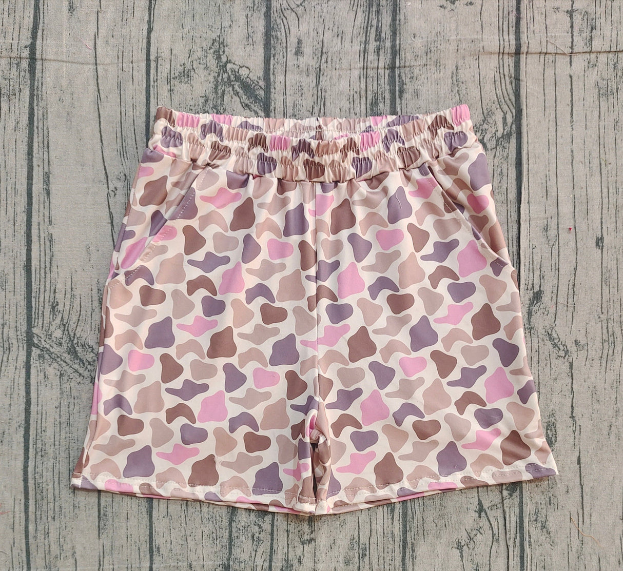 Pink brown camo pockets elastic adult women shorts