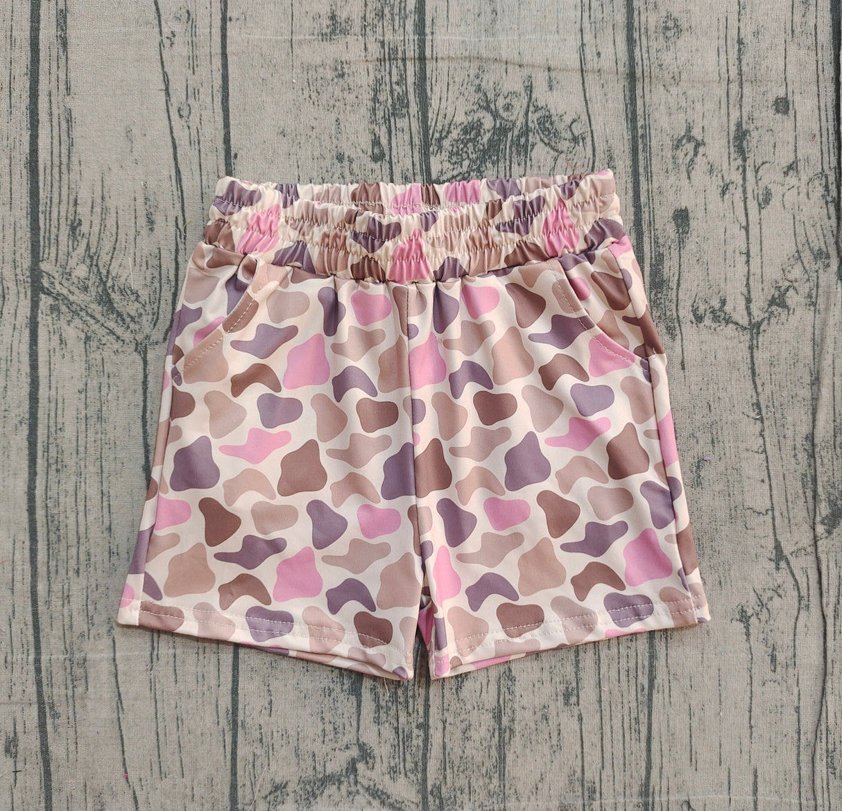 Pink brown camo pockets elastic kids girls shorts