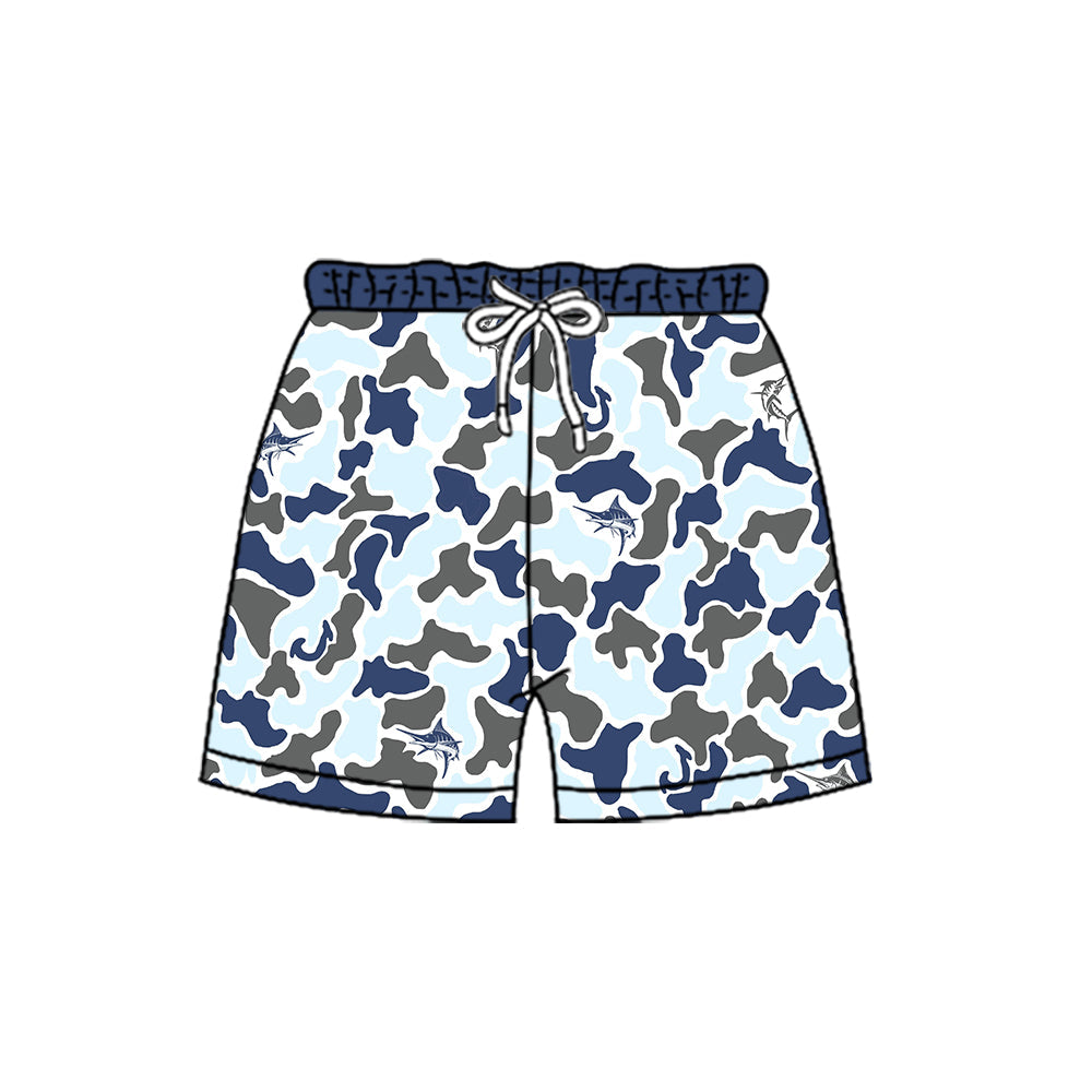 Blue camo fish pockets kids boys summer shorts