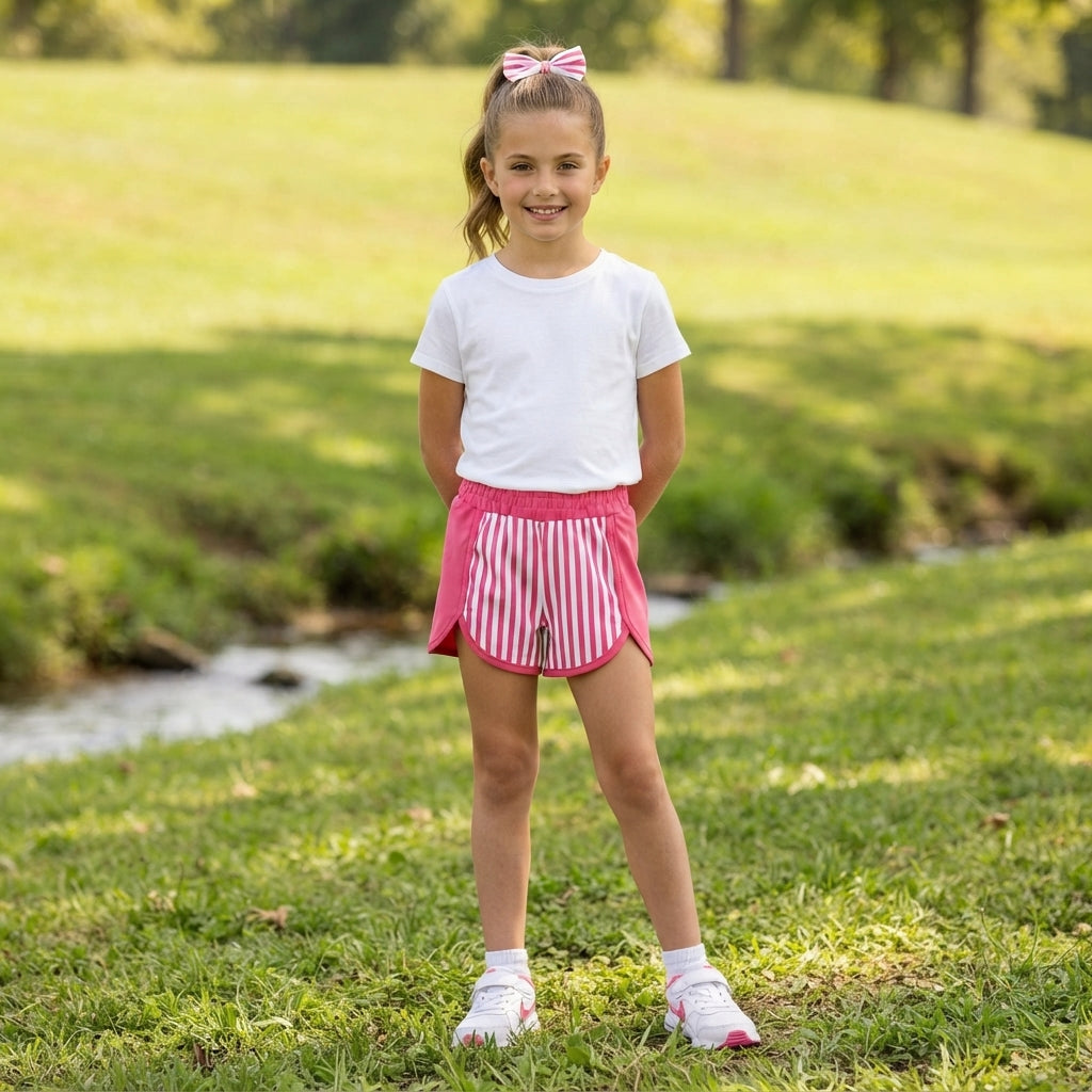 Hot pink stripe kids girls active summer shorts