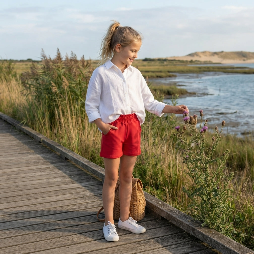 High waist red pockets kids girls tight active shorts