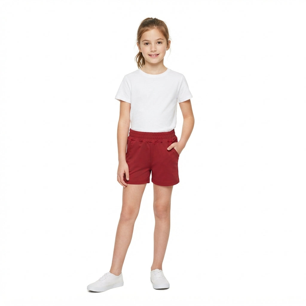 High waist maroon pockets kids girls tight active shorts