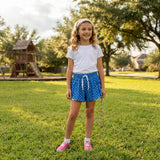 Blue polka dots kids girls active summer shorts