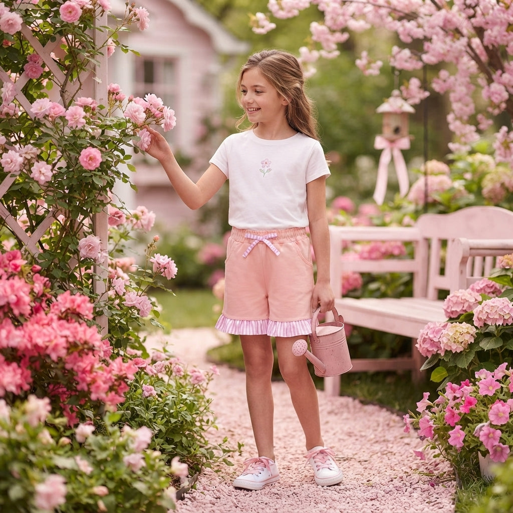 Pink stripe ruffle cotton pockets kids girls shorts