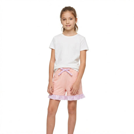 Pink stripe ruffle cotton pockets kids girls shorts
