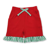 Red green stripe ruffle cotton pockets kids girls shorts