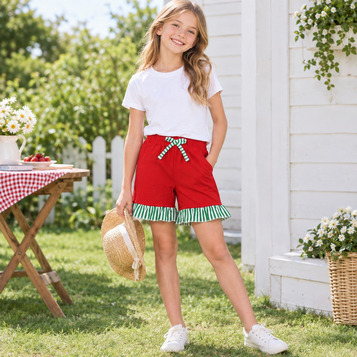 Red green stripe ruffle cotton pockets kids girls shorts