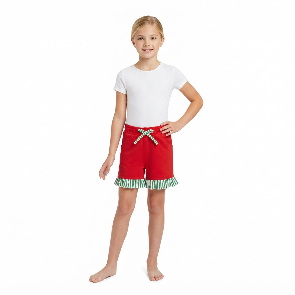 Red green stripe ruffle cotton pockets kids girls shorts