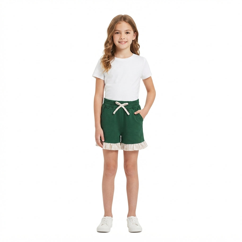 Stripe ruffle dark green kids girls shorts