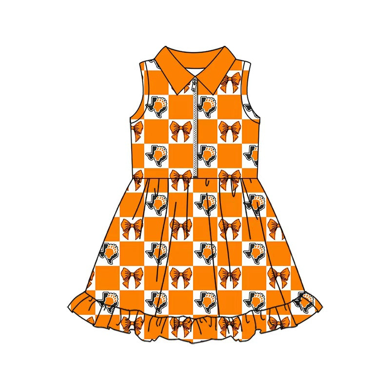 MOQ 5 pcs sleeveless orange plaid bow girls team athletic dress