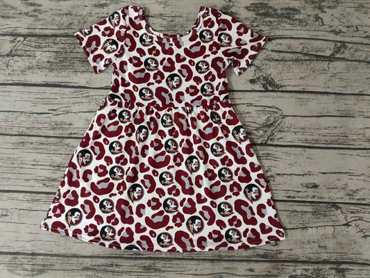 MOQ 3 pcs short sleeves feather maroon leopard girls team dress