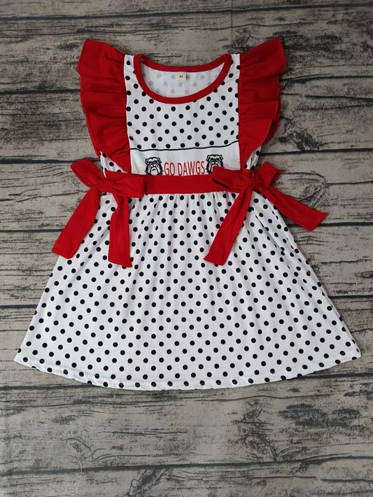 MOQ 3 pcs red flutter sleeves G dog polka dots girls team dress