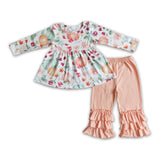 Long sleeve pumpkin print triple ruffle pants girls fall clothing