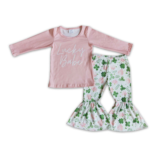 Lucky babe shirt clover bell bottom pants girls st patrick's day clothes